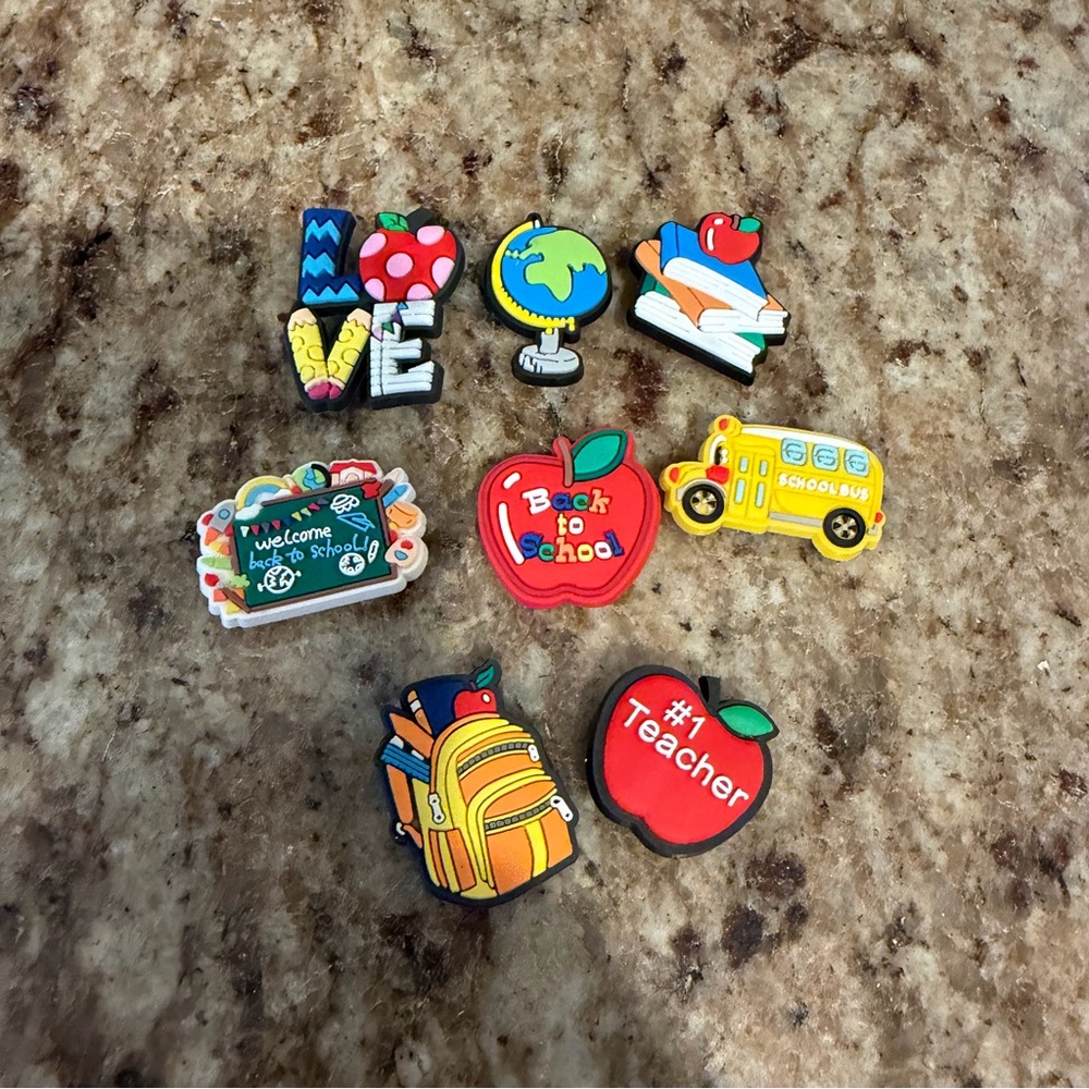 Lot of 8 Silicone Croc Shoe Teacher School Books Globe Bus Novelty Charms